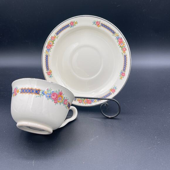 Hall China Co. Blue Bouquet Teacup and Saucer Set - Picture 2 of 5